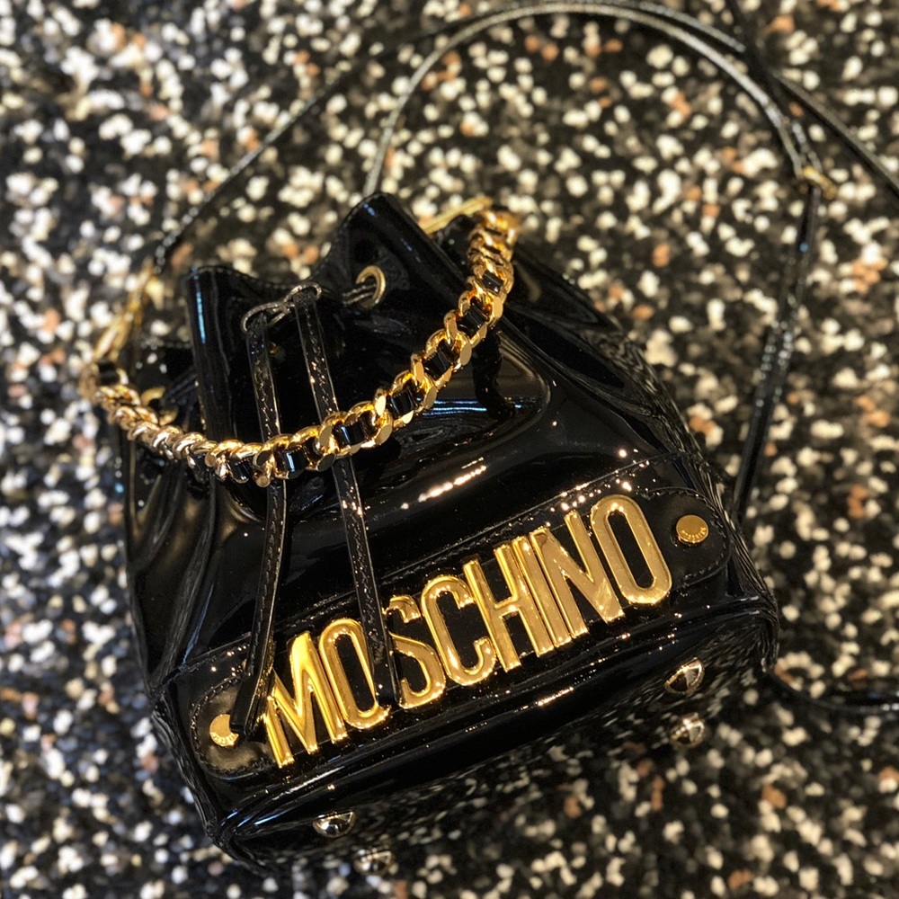Moschino Lettering Patent Leather Mini Bucket Bag